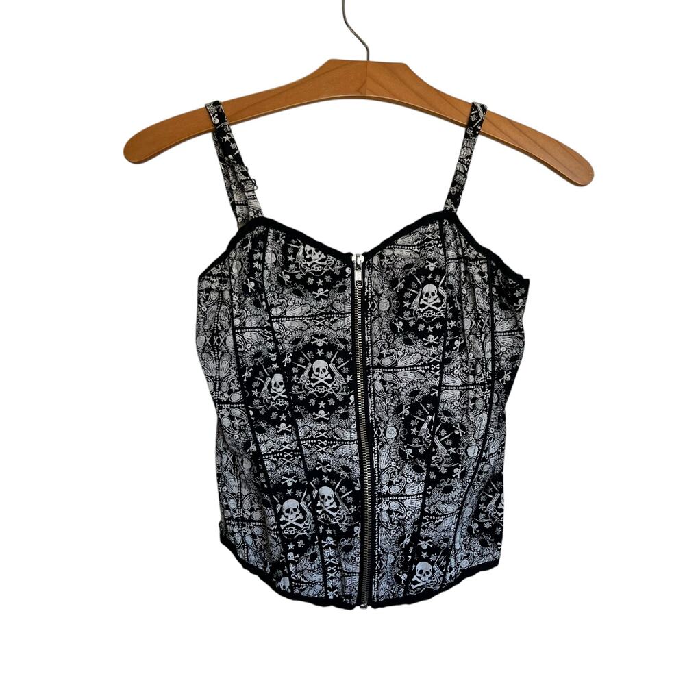 Teenage Runaway Skull Bustier Corset Top Tank Zip Black White Smocked Size S